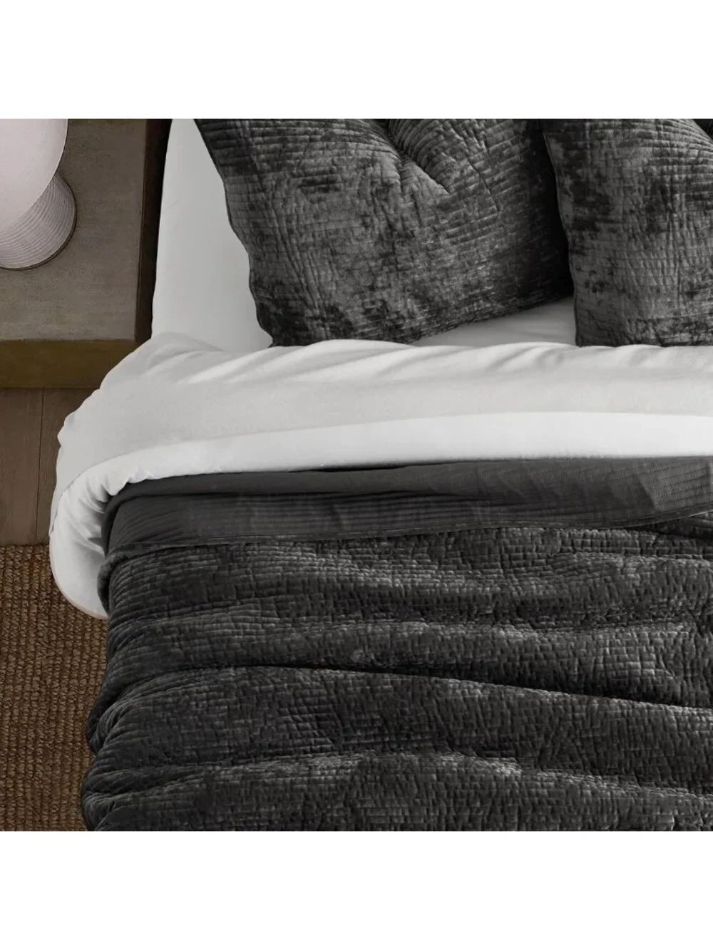 Luxurious Striped Velvet Quilt Set, King Size, Soft Washed Black Bedding